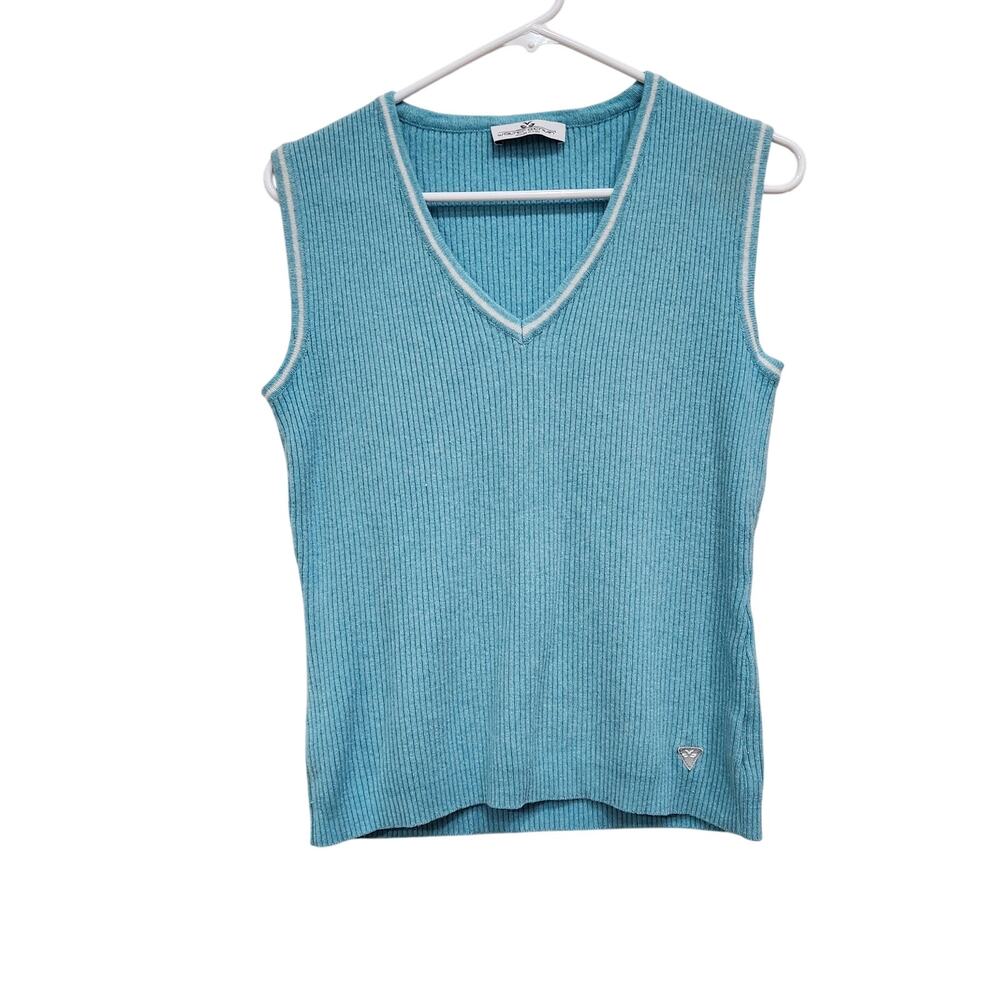 Walter Genuin Cable Knitted Ribbed Sleeveless V-Neck Sweater Blue Size M